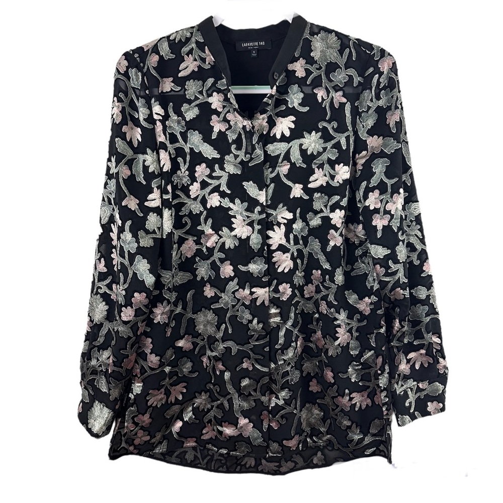 Lafayette 148 New York Black Floral Embroidered Blouse